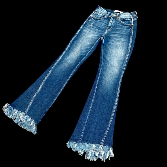 Kancan Brooklyn High-Rise Boot Cut Jeans Size 1/24 Dark Blue Raw Fringe Hem #207 - Picture 7 of 16
